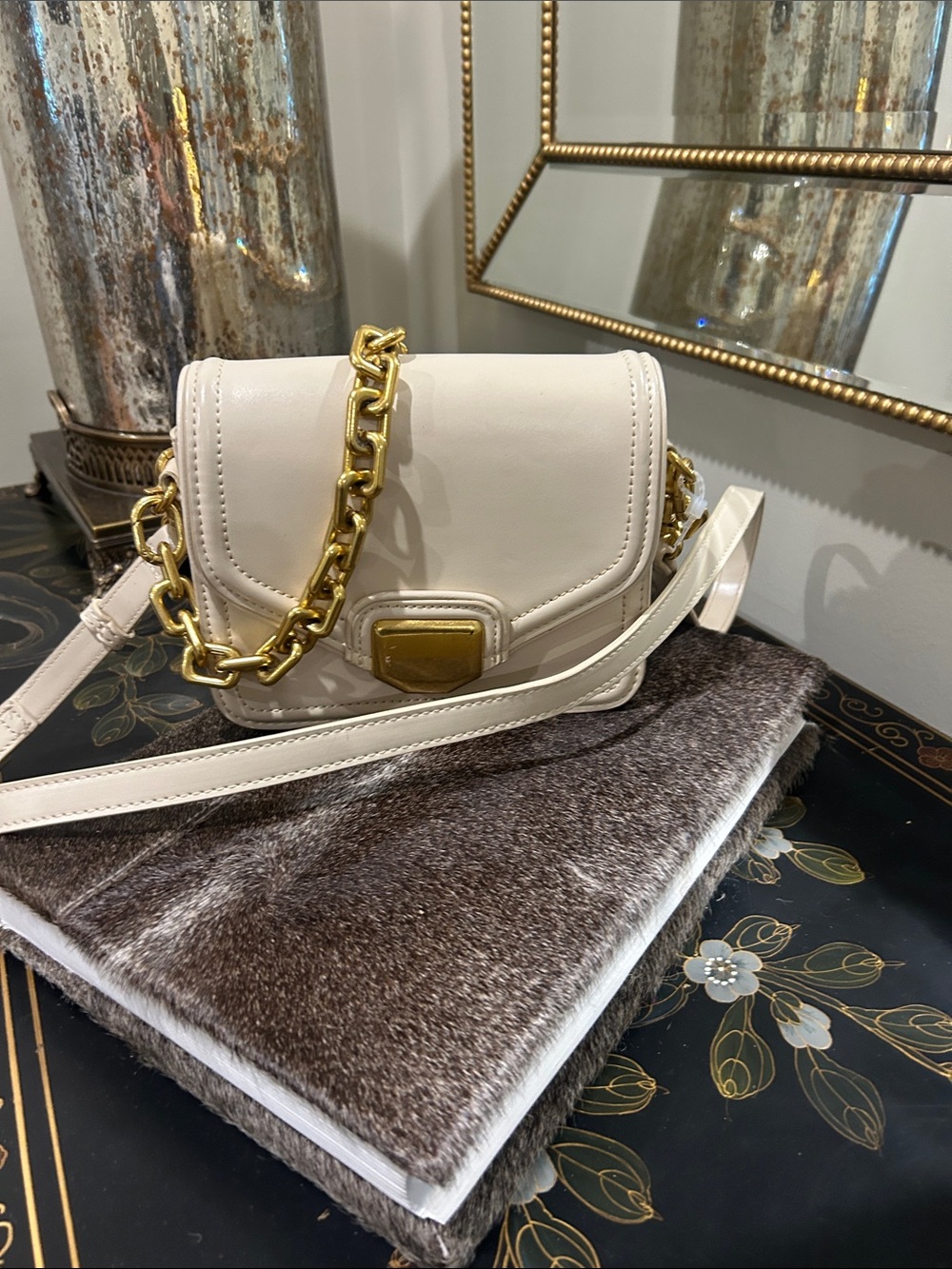 ZARA Cream Leather Crossbody Bag with Gold Chain Accent